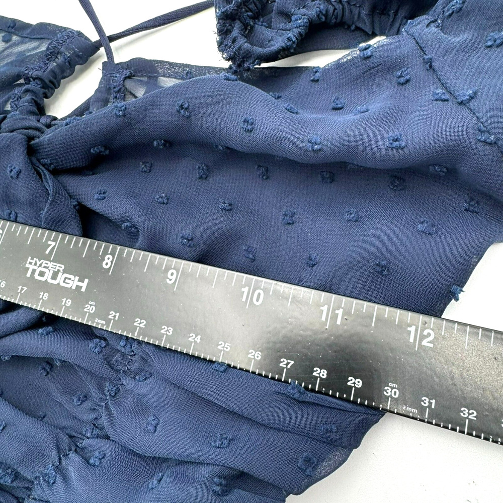 LUCY IN THE SKY XS Navy Blue Mini Dress Ruched Swiss Dot Sheer Balloon Sleeves - Picture 7 of 9